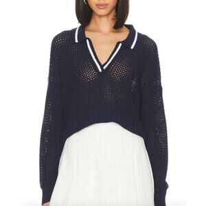 525 Sweater Womens Large Blue Cara Polo Pullover Open Knit Collared Preppy